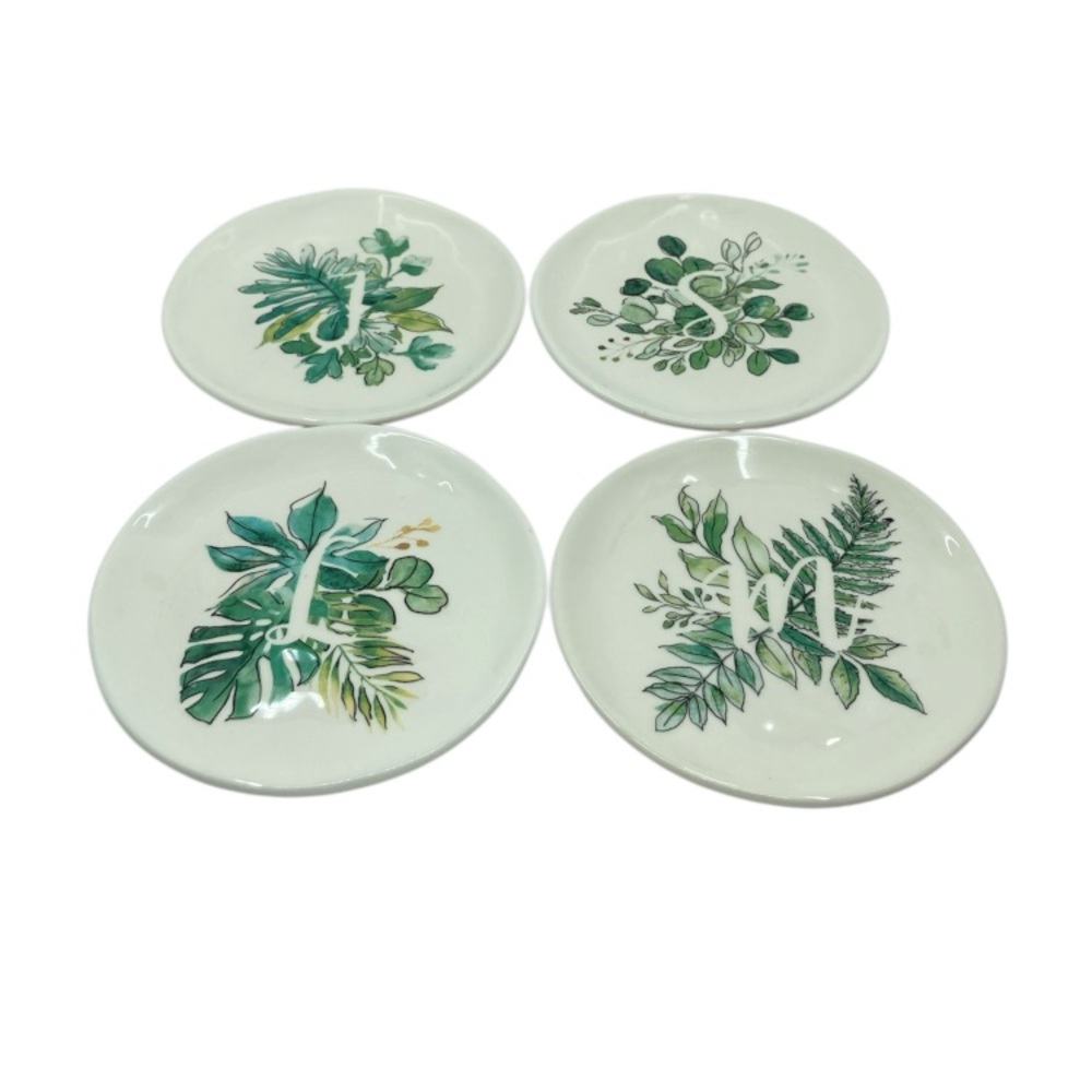 Pier 1 Imports Dolomite Leaf Pattern Monogram Appetizer Salad Plates Set of 4